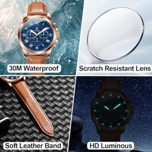 Load image into Gallery viewer, Taxau Brown Leather Men s Watches Lager Dial Classic Chronograph Watches for Men Blue Face Casual Mens Dress Watch Quartz Analog Vintage Arabic Numerals Men Watch Waterproof Luminous Business