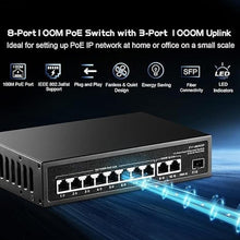 Load image into Gallery viewer, Binardat 11 Port POE Switch, 8 POE+ Ports 10/100Mbps, 2 Gigabit Uplink, 1 Gigabit SFP, IEEE802.3af/at, 135W Power Supply, Metal Case Unmanaged Plug and Play