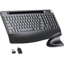 Load image into Gallery viewer, Full-Size Ergonomic Keyboard and Mouse, 2.4GHz Wireless Keyboard and vertical Mouse with Tablet Phone Holder, Wrist Rest for Computer Mac PC Laptop Chromebook, Black
