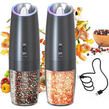 Load image into Gallery viewer, CIRCLE JOY Gravity Electric Salt and Pepper Grinder Set Rechargeable Salt and Pepper Grinder Set with LED Light, No Battery Needed, Adjustable Coarseness, Washable 135ml Container, Black