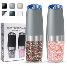 Load image into Gallery viewer, Gravity Electric Salt and Pepper Grinder set of 2, Automatic Salt And Pepper Grinder Set, Adjustable Roughness, Battery Powered, LED Light, 2 Pack, (Light Grey)
