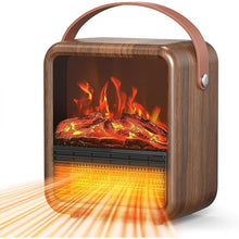 Load image into Gallery viewer, Small Portable Space Heater for Indoor use with Realistic 3D Flame, Mini Electric Fireplace Heater with Thermostat, 1500W/750W PTC Ceramic Heating, Tip-Over Safety Switch, Walnut
