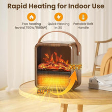 Load image into Gallery viewer, Small Portable Space Heater for Indoor use with Realistic 3D Flame, Mini Electric Fireplace Heater with Thermostat, 1500W/750W PTC Ceramic Heating, Tip-Over Safety Switch, Walnut