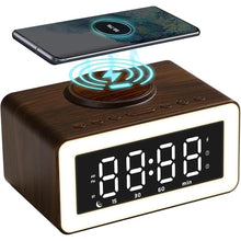 Load image into Gallery viewer, Wooden Bluetooth Speaker Alarm Clock with Wireless Charging, 0-100% Adjustable Brightness Dimmer, 2 Alarms, 9 Mins Snooze, 12/24h, Led Night Digital Clock for Bedrooms, Office,Travel(Black)