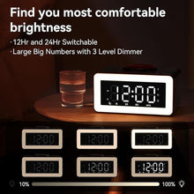 Load image into Gallery viewer, Wooden Bluetooth Speaker Alarm Clock with Wireless Charging, 0-100% Adjustable Brightness Dimmer, 2 Alarms, 9 Mins Snooze, 12/24h, Led Night Digital Clock for Bedrooms, Office,Travel(Black)