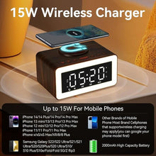 Load image into Gallery viewer, Wooden Bluetooth Speaker Alarm Clock with Wireless Charging, 0-100% Adjustable Brightness Dimmer, 2 Alarms, 9 Mins Snooze, 12/24h, Led Night Digital Clock for Bedrooms, Office,Travel(Black)
