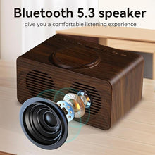 Load image into Gallery viewer, Wooden Bluetooth Speaker Alarm Clock with Wireless Charging, 0-100% Adjustable Brightness Dimmer, 2 Alarms, 9 Mins Snooze, 12/24h, Led Night Digital Clock for Bedrooms, Office,Travel(Black)