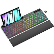 Load image into Gallery viewer, Wireless Keyboard with 7 Colors & 4 Modes RGB Backlit, Ergonomic Keyboard with Wrist Rest, Phone Tablet Holder, 2.4G Light Up Computer Keyboard with Numeric Keypad for Mac, Windows