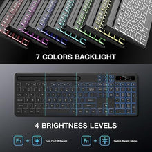 Load image into Gallery viewer, Wireless Keyboard with 7 Colors & 4 Modes RGB Backlit, Ergonomic Keyboard with Wrist Rest, Phone Tablet Holder, 2.4G Light Up Computer Keyboard with Numeric Keypad for Mac, Windows