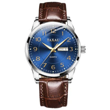Load image into Gallery viewer, Taxau Leather Watch Blue Large Face Simple Easy Read Watches for Men Fashion Casual Dress Men Watch Arabic Numerals Brown Leather Day Date Water Resistance Man Wrist Watches