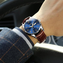 Load image into Gallery viewer, Taxau Leather Watch Blue Large Face Simple Easy Read Watches for Men Fashion Casual Dress Men Watch Arabic Numerals Brown Leather Day Date Water Resistance Man Wrist Watches