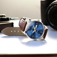 Load image into Gallery viewer, Taxau Leather Watch Blue Large Face Simple Easy Read Watches for Men Fashion Casual Dress Men Watch Arabic Numerals Brown Leather Day Date Water Resistance Man Wrist Watches