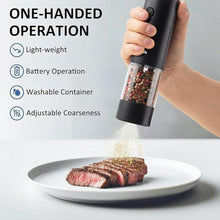 Load image into Gallery viewer, Automatic Salt and Pepper Grinder Set, Battery Operated (Not Included), Adjustable Coarseness with LED Light, ELectric Pepper and Salt Shakers Refillable, 95ml Large Capacity(2 Packs, Black)