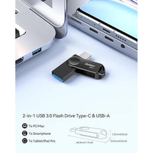 Load image into Gallery viewer, 256GB USB-C & USB-A Dual Flash Drive, Waterproof, Metal, Slim Thumb Drive, OTG for PC, Smartphone, Tablet