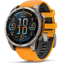 Load image into Gallery viewer, Wearable4U - Garmin Fenix 8 – 47 mm, AMOLED Sapphire Multisport GPS Smartwatch, Titanium with Spark Orange/Graphite Silicone Band, Built-in LED Flashlight with Black Earbuds Bundle