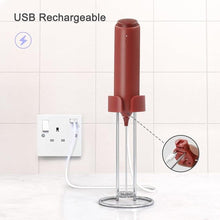 Load image into Gallery viewer, Powerful Electric Milk Frother Set, Rechargeable Drink Blender with Stand/Base, Foam Maker Mixer, Handheld Milk Frother for Coffee, Cappuccino, Latte, Matcha, Protein Powder - Red