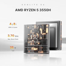 Load image into Gallery viewer, E2 Mini PC, AMD Ryzen 5 3550H Mini Computers (up to 3.7GHz) 16GB RAM, 512GB NVMe SSD, Triple Display Desktop Office PC, USB-C & Dual HDMI 2.0, RJ45 LAN, WiFi 5, Bluetooth 5.0