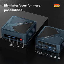 Load image into Gallery viewer, P5 Mini PC, AMD Ryzen 5 6600H Processor Mini Computer(6C/12T, up to 4.5GHz) 24GB DDR5, 512GB M.2 SSD, Quad Display Desktop Gaming PC, Pre-in Windows 11 Pro, 2.5G LAN, WiFi 6E, BT 5.2