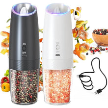 Load image into Gallery viewer, CIRCLE JOY Electric Salt and Pepper Grinder Set Rechargeable Gravity Salt and Pepper Grinder Set, LED Light, Adjustable Coarseness, for Home Kitchen BBQ, Black & White