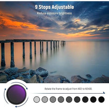 Load image into Gallery viewer, NEEWER 52mm ND2-400 (1-9 Stops) Variable ND Filter with Lens Cap, Lanyard, Cleaning Cloth, Precise Neutral Density Adjustment, Fingerprint & Scratch Resistant Multicoated Optical Glass