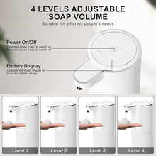 Load image into Gallery viewer, Automatic Foaming Soap Dispenser, 12.2oz/360ml Rechargeable Touchless Hand Soap Dispenser, 4 Level Adjustable with Display, Waterproof Wall Mounted Soap Dispenser for Bathroom Kitchen, White