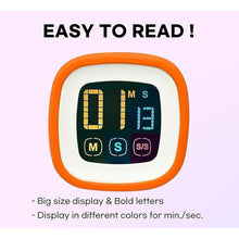 Load image into Gallery viewer, Digital Kitchen Timer, Countdown, Countup, Protective Rubber case, Large Display with Color Bold Digits, Touch Control, Backlit, Magnetic Kickstand, Loud Alarm, Auto Memory (Orange)