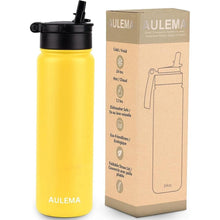 Load image into Gallery viewer, 24OZ Stainless Steel Double Wall Insulated Water Bottle, Keeps Drinks Cold 24 Hours/Hot 12 Hours, Leak-Proof, Foldable Straw Lid, Dishwasher Safe, Fits Car Cup Holder, Golden Yellow