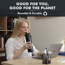 Load image into Gallery viewer, 24OZ Stainless Steel Double Wall Insulated Water Bottle, Keeps Drinks Cold 24 Hours/Hot 12 Hours, Leak-Proof, Foldable Straw Lid, Dishwasher Safe, Fits Car Cup Holder, Black