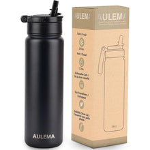 Load image into Gallery viewer, 24OZ Stainless Steel Double Wall Insulated Water Bottle, Keeps Drinks Cold 24 Hours/Hot 12 Hours, Leak-Proof, Foldable Straw Lid, Dishwasher Safe, Fits Car Cup Holder, Black