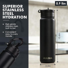 Load image into Gallery viewer, 24OZ Stainless Steel Double Wall Insulated Water Bottle, Keeps Drinks Cold 24 Hours/Hot 12 Hours, Leak-Proof, Foldable Straw Lid, Dishwasher Safe, Fits Car Cup Holder, Black