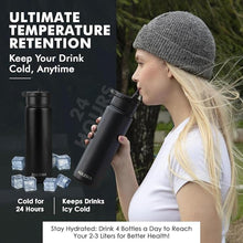 Load image into Gallery viewer, 24OZ Stainless Steel Double Wall Insulated Water Bottle, Keeps Drinks Cold 24 Hours/Hot 12 Hours, Leak-Proof, Foldable Straw Lid, Dishwasher Safe, Fits Car Cup Holder, Black