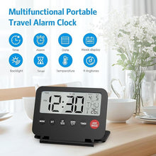 Load image into Gallery viewer, Small Digital Travel Alarm Clock, Black, Foldable Calendar Temperature Timer LCD Desk Clock, Snooze, 9 Alarm Sounds, Backlight, AAA Battery Operated Digital Clock for Home & Office, Travel