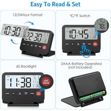 Load image into Gallery viewer, Small Digital Travel Alarm Clock, Black, Foldable Calendar Temperature Timer LCD Desk Clock, Snooze, 9 Alarm Sounds, Backlight, AAA Battery Operated Digital Clock for Home & Office, Travel
