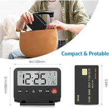 Load image into Gallery viewer, Small Digital Travel Alarm Clock, Black, Foldable Calendar Temperature Timer LCD Desk Clock, Snooze, 9 Alarm Sounds, Backlight, AAA Battery Operated Digital Clock for Home & Office, Travel