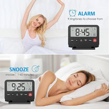 Load image into Gallery viewer, Small Digital Travel Alarm Clock, Black, Foldable Calendar Temperature Timer LCD Desk Clock, Snooze, 9 Alarm Sounds, Backlight, AAA Battery Operated Digital Clock for Home & Office, Travel