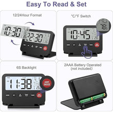 Load image into Gallery viewer, Digital Travel Alarm Clock, Battery Powered LCD Alarm Clock Display Date & Day, Temperature, Foldable Bedside Clock with Backlight & Snooze, 12/24H, Countdown Function, for Bedroom, Travel