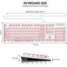 Load image into Gallery viewer, Quiet Keyboard Wired Membrane Keyboard Pink, Full Size 104 Keys Typewriter Key Board with Number Pad, White LED Backlit, Round Keycaps, Cute Computer Keyboards (Pink)