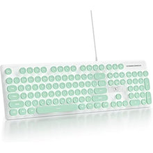Load image into Gallery viewer, Quiet Keyboard Wired Membrane Keyboard Green, Full Size 104 Keys Typewriter Key Board with Number Pad, White LED Backlit, Round Keycaps, Cute Computer Keyboards (Light Green)