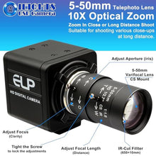 Load image into Gallery viewer, Global Shutter USB Webcam High Speed 5mp@50fps 1440P@60fps Industrial Video Camera with 5-50mm 10X Zoom Lens Variable Focus Close-up PC Camera CS Mount UVC