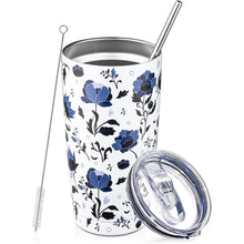 Load image into Gallery viewer, 20oz Tumbler with Lid and Straw Double Wall Powder Coated Vacuum Insulated Coffee Tumbler Stainless Steel Travel Coffee Mug Spill-Proof Thermal Cup for Hot and Cold Beverage,Blue and White Porcelain