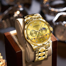Load image into Gallery viewer, BINBOND Gold Watches for Men Stainless Steel Luxury Dress Business Diamond Roman Numeral Big Face Dial Multifunction Chronograph Mens Wrist Watch Waterproof Luminous