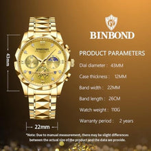Load image into Gallery viewer, BINBOND Gold Watches for Men Stainless Steel Luxury Dress Business Diamond Roman Numeral Big Face Dial Multifunction Chronograph Mens Wrist Watch Waterproof Luminous