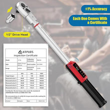 Load image into Gallery viewer, Adjustable Digital Torque Wrench, 2.2-147.5 Ft.lb/3-200 Nm, Hvac Torque Wrench with 45mm Jaw, 1/2 Drive Ratchet, ±1% Accuracy, Vibration, Buzzer and LED Indicator for Split AC, Moto, Car