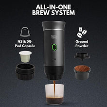 Load image into Gallery viewer, Electric Portable Espresso Machine, Travel Coffee Maker, Instant Self-Heating with USB-C, Extraction Pod System compatible with NS Capsule & Ground Coffee for Camping, RV, Hiking, Office