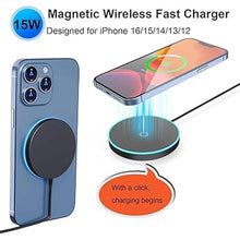 Load image into Gallery viewer, Magnetic Wireless Charger, 15W Magnet Fast Charging Pad for iPhone 16 Pro Max/16 Pro/16 Plus/16/15/14/13/12, Slim Mag Quick Charger with USB-A & USB-C Charging Port (Plastic Charger with LED-Black)
