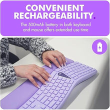 Load image into Gallery viewer, X9 Purple Keyboard and Mouse Wireless Combo - Type Comfortably Longer - Ergo Split Keyboard with Soft Wrist Rest for PC, Mac, iOS, Android, Bluetooth/2.4G Rechargeable, Multi-Device - Purple