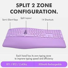Load image into Gallery viewer, X9 Purple Keyboard and Mouse Wireless Combo - Type Comfortably Longer - Ergo Split Keyboard with Soft Wrist Rest for PC, Mac, iOS, Android, Bluetooth/2.4G Rechargeable, Multi-Device - Purple