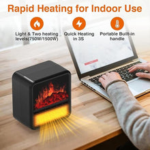 Load image into Gallery viewer, Small Portable Space Heater for Indoor use with Realistic 3D Flame, Mini Electric Fireplace Heater with Thermostat, 1500W/750W PTC Ceramic Heating, Tip-Over Safety Switch, Black