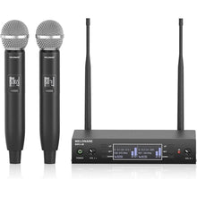 Load image into Gallery viewer, Dual Channel Wireless Microphone System, MELONARE Auto-Scan Professional Cordless Dynamic Mic Set, 260ft Range, 2x100 UHF Metal Wireless Mic for Singing, Karaoke, Church, Wedding, DJ (MWU-20-2H)