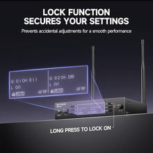 Load image into Gallery viewer, Dual Channel Wireless Microphone System, MELONARE Auto-Scan Professional Cordless Dynamic Mic Set, 260ft Range, 2x100 UHF Metal Wireless Mic for Singing, Karaoke, Church, Wedding, DJ (MWU-20-2H)